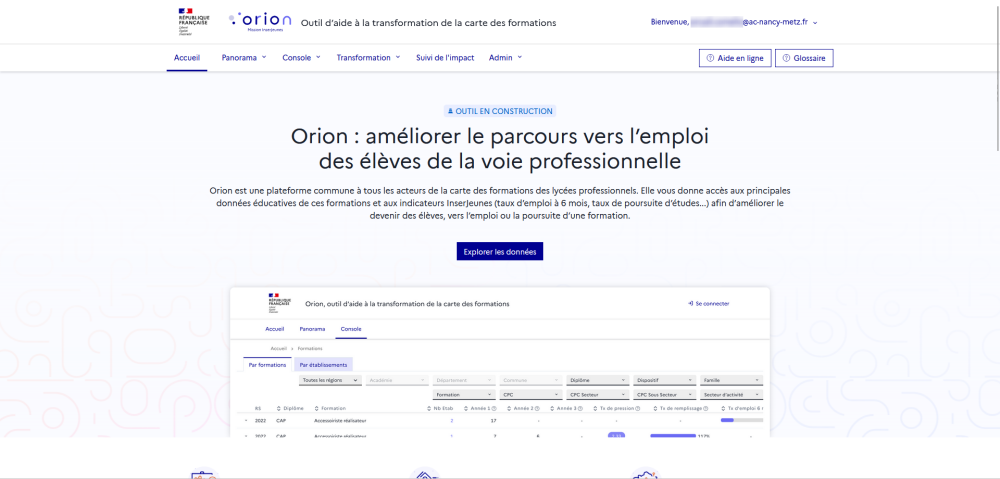 Accueil d’Orion en mode connecté