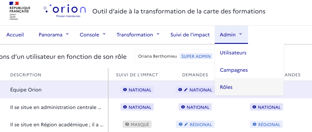 Accès à la page « Rôle » du menu « Admin »