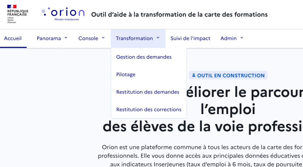 Différents menus de la section « Transformation »