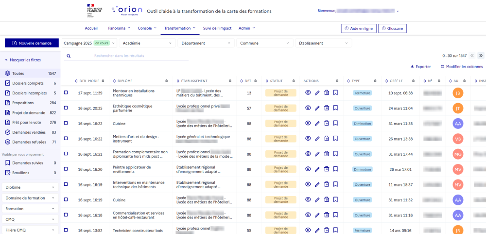 Menu « Gestion des demandes » de la section « Transformation »