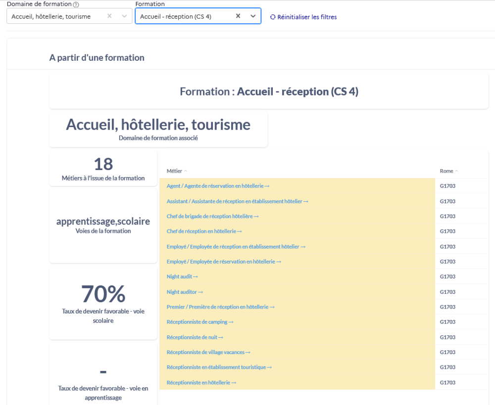 Contenu de l'onglet « Lien métier formation » du menu « Panorama »