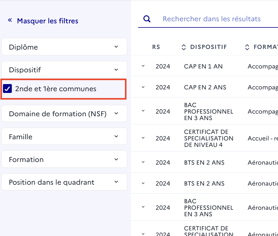 Seconde commune / Première année commune - Filtre