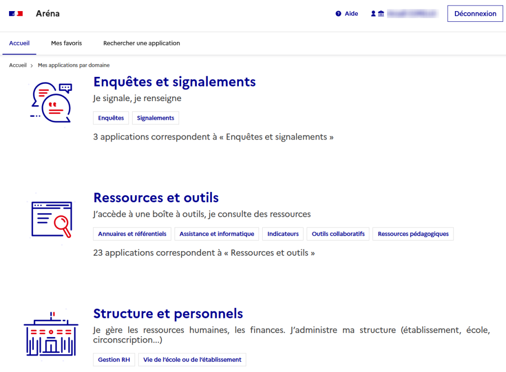 Menu « Ressources et outils » dans Aréna