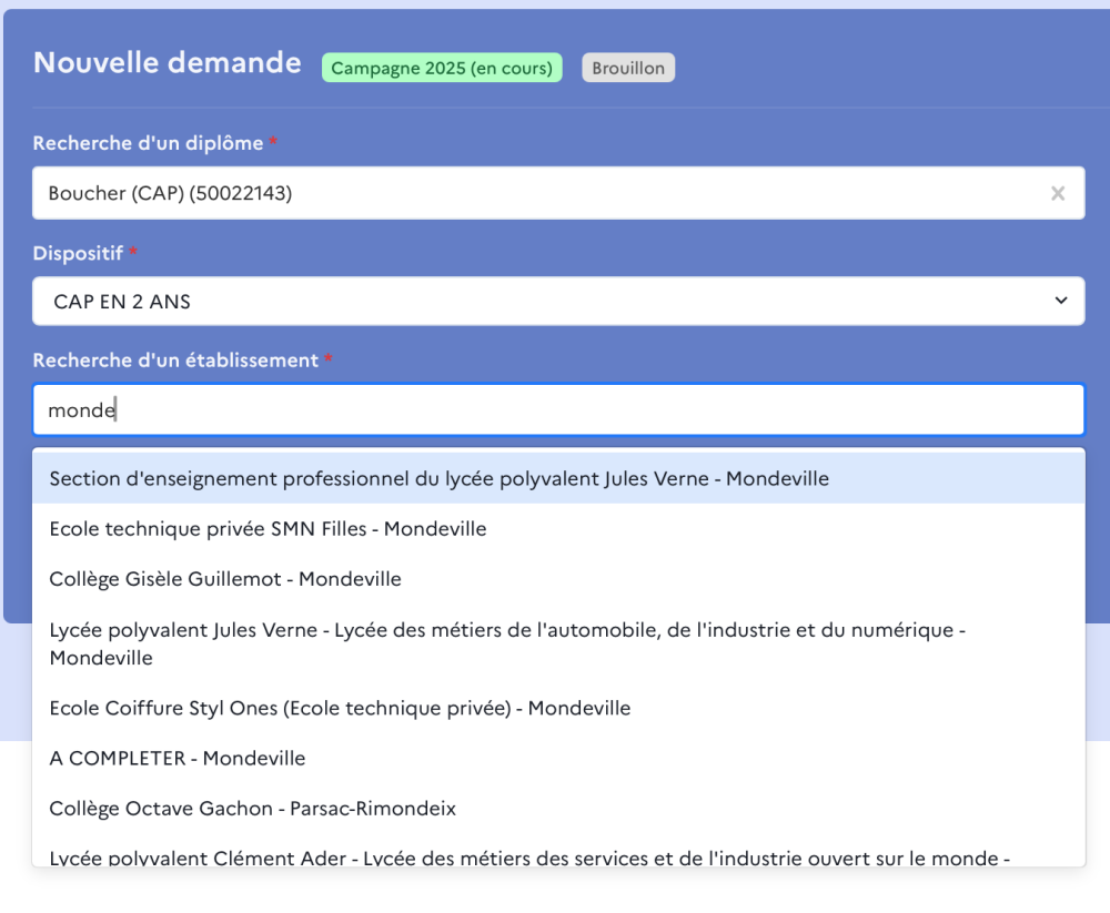 Sélection de l'établissement