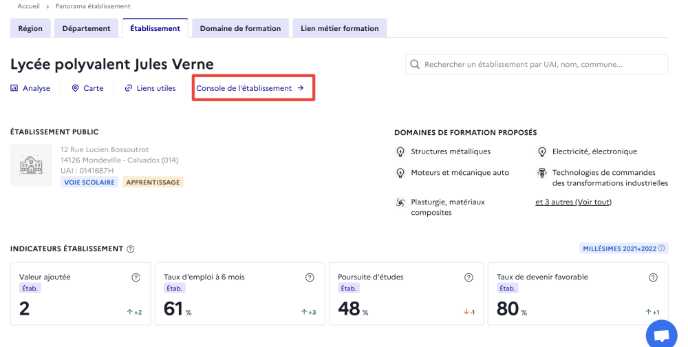 Accès à la console établissements depuis le panorama établissements