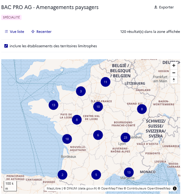 Carte des offres de formation - Onglet « Établissements »