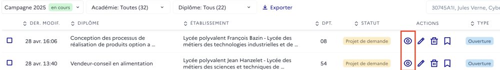 Accès au détail de la gestion des demandes