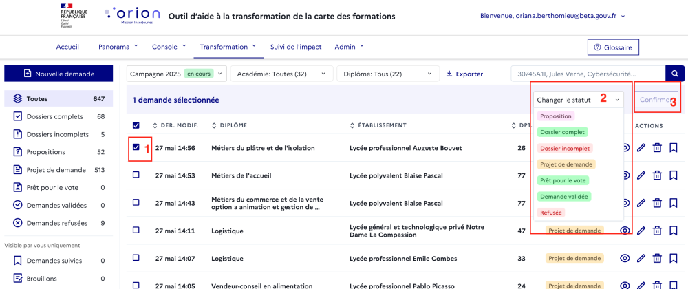 Changer le statut d'une demande depuis le menu « Gestion des demandes »