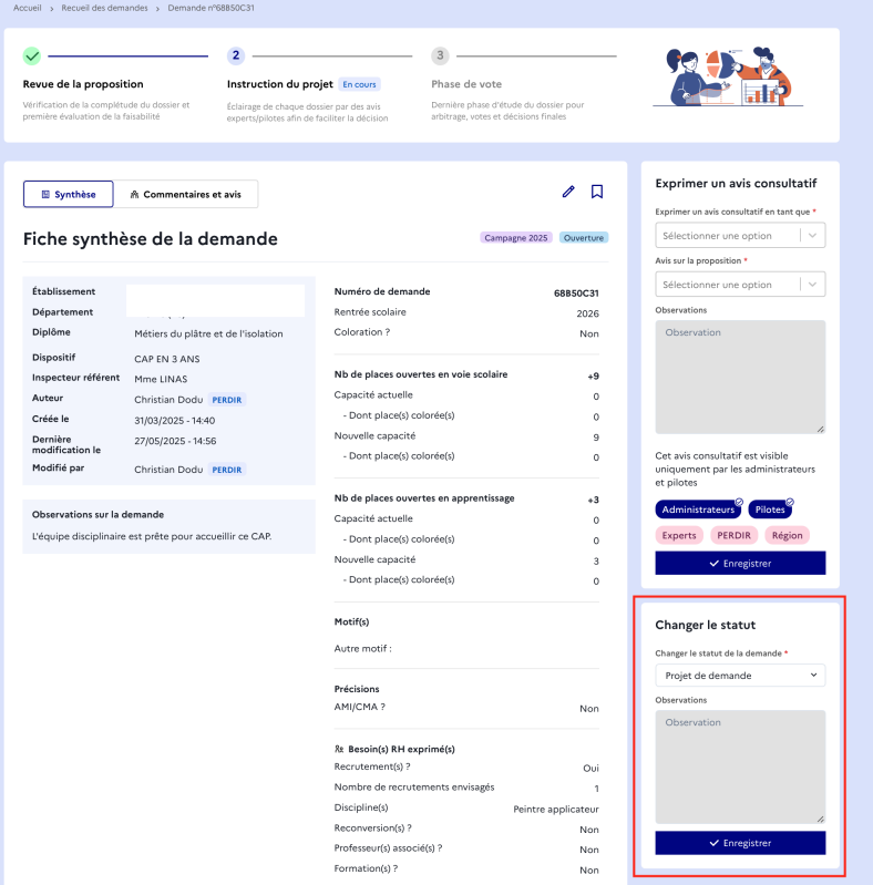 Changer le statut d'une demande depuis la synthèse d'une demande