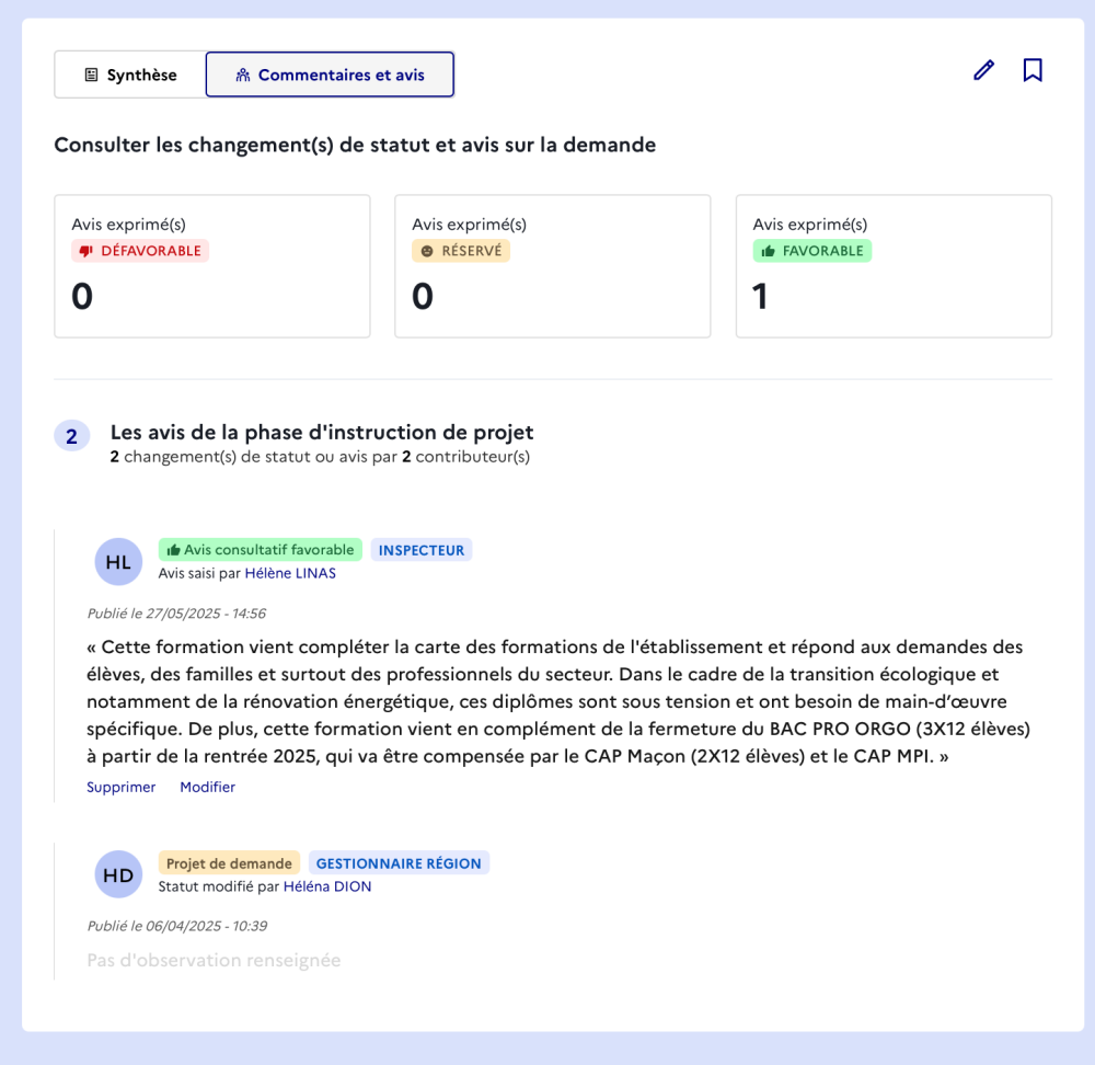 Suivi du statut d'une demande depuis la synthèse d'une demande