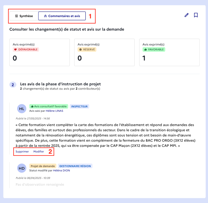 Actions possibles sur les avis déposés